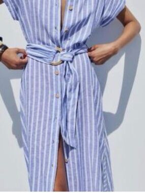 Zara Light Blue and White Striped Maxi Dress with Tie Belt